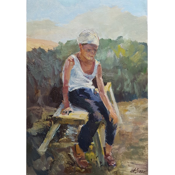 GENRE TABLEAU VINTAGE Peinture à l'huile originale sur panneau de l'artiste ukrainien soviétique A.Zacharov, Portrait d'un jeune homme sur un banc, 1972