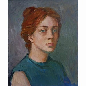 VINTAGE FEMALE PORTRAIT Original oil painting by Ukrainian artist I.Belyak, 1970s Portrait of Woman in in an embroidered blouse