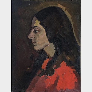 Vintage Malerei, Ukrainische Künstlerin I.Yuchno, Mädchen in Rot, 1966 Sammlerstück, Klassische Malerei, Figurative Kunst, Rotes Kleid, Weibliches Profil