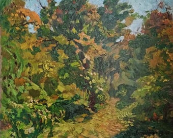 Vintage oil painting by Soviet Ukrainian artist O. Solodovnikov, Road in an Autumn Forest 1972 Landscape, Collectible artwork, Autumn colors