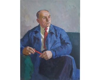 Vintage Male Portrait Original Oil Painting on Canvas by Ukrainian Artist Y. Luchenko Portrait of an Innovator in Mechanical Engineering art