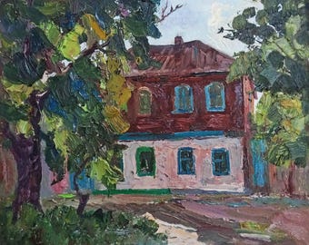 Vintage oil painting, Original oil painting by Soviet Ukrainian artist I.Gapochenko, House for two, village, 1980 Rural landscape, Retro art