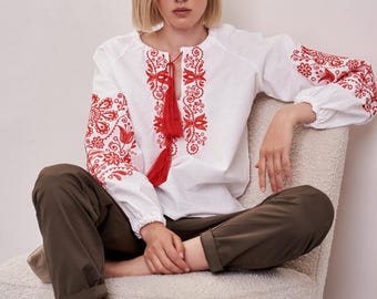 Red Embroidered Ukrainian Blouse, Beautiful Vyshyvanka for Women, Unique Ukrainian Ornaments, Made in Ukraine