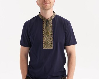 Men's Geometric Embroidered T-Shirt, Stylish Vyshyvanka for Casual Wear, Perfect Gift for Him, Made in Ukraine
