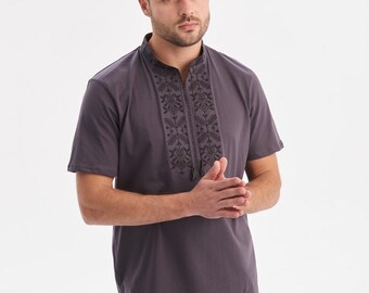 Men's Embroidered T-Shirt with Ukrainian Trident Design, Perfect for Casual Wear, Made in Ukraine