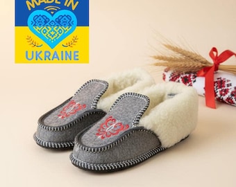 Handmade Wool Slippers with Hutsul Embroidery from Ukraine Cozy Christmas Gift Warm Felt Chuni for Women and Men  Winter Design