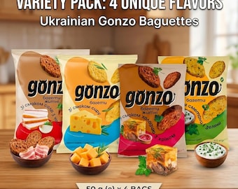 Ukrainian Baguette Croutons Variety Pack (4 Flavors) – Rye Snack Mix: Sour Cream and Herbs, Bacon and Garlic, Aspic and Horseradish, Cheese