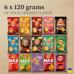 Confezione regalo da 6 pezzi di patatine Lays / Gusti unici ucraini / Granchio, formaggio, aragosta e altro ancora / Lo snack perfetto per le feste. Prodotto in Ucraina