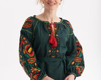 Women's Vyshyvanka "Nadiya" with Belt, Ukrainian Embroidered Blouse, Modern Style, Made in Ukraine