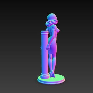 May include: A 3D-rendered figurine of a woman in a dress, leaning against a column. The figure is rendered in shades of purple, blue, and green, with a round base. The woman has her hair styled in a classic updo.