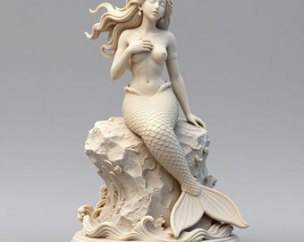 Può includere: Statua di sirena color crema. La scultura raffigura una sirena serena con capelli fluenti, seduta su una formazione rocciosa strutturata. La sua coda è dettagliata con squame e appoggia la mano sul petto. La base presenta onde stilizzate.