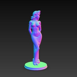 May include: A 3D-printed statue of a woman in a classic pin-up pose. The figure is rendered in shades of purple, pink, and blue, with a gradient effect. She wears a strapless top and a pencil skirt, standing on a round base.