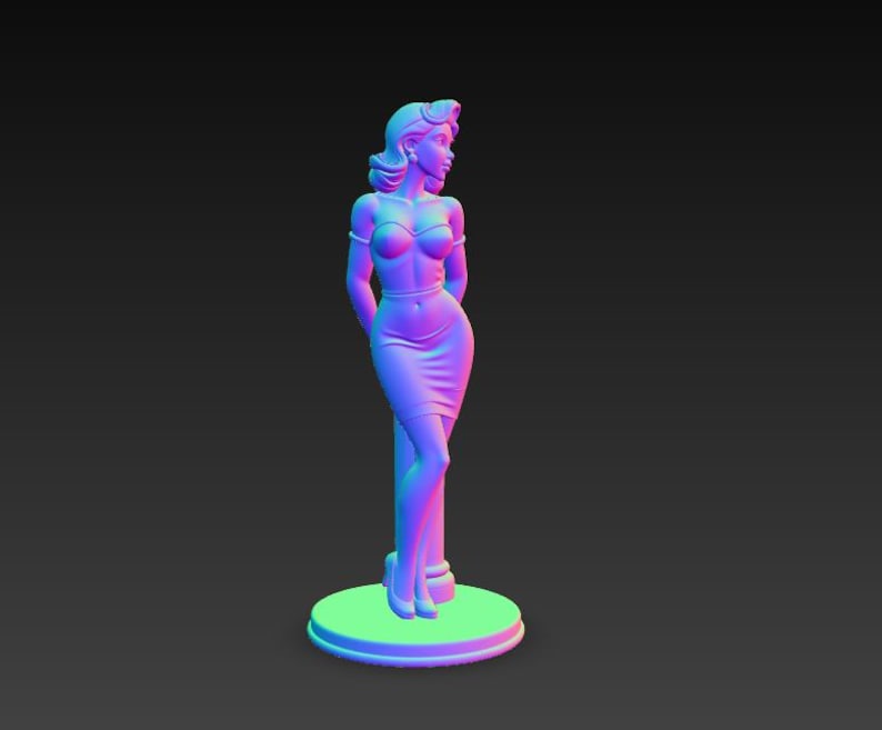 May include: A 3D-printed statue of a woman in a classic pin-up pose. The figure is rendered in shades of purple, pink, and blue, with a gradient effect. She wears a strapless top and a pencil skirt, standing on a round base.