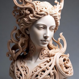 May include: A detailed bust of a woman with elaborate, swirling carvings. The sculpture features flowing hair and a decorative headpiece. The bust is a light beige color and set against a gray background.