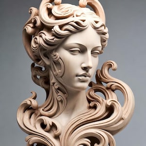 May include: A carved wooden bust of a woman with flowing hair and ornate, swirling details. The sculpture is in a light brown color and features a serene facial expression. The bust is set against a gray background.