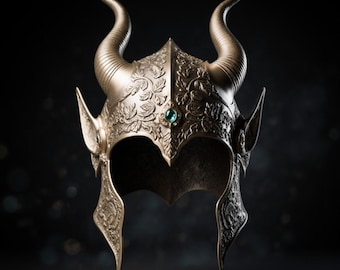Casco de fantasía con cuernos reales dorados, archivo STL – Máscara de armadura adornada del rey demonio – Casco de fantasía oscura imprimible en 3D
