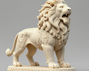 May include: A cream-colored lion statue with an open mouth, detailed mane, and decorative patterns on its body. The lion stands on a rectangular base with a scroll design. The sculpture is a decorative item.