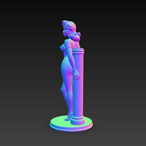 May include: A 3D-rendered statue of a woman in a form-fitting dress, leaning against a classical column. The statue is rendered in shades of purple, blue, and green, with a circular base. The woman's hair is styled in a classic updo.