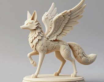 May include: A cream-colored sculpture of a winged fox with intricate details. The fox has large, feathered wings and is standing on a round base. The sculpture features detailed patterns and a serene expression, perfect for home decor.