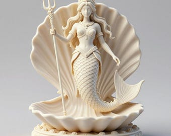 Può includere: Statua di sirena color crema con tridente, all'interno di una conchiglia. La sirena indossa corona e gioielli, con capelli fluenti e coda squamata. L'oggetto è decorativo.