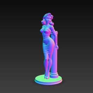 May include: A 3D-printed statue of a woman in a form-fitting dress, leaning against a column. The statue is rendered in shades of purple, pink, and blue, with a round base. The figure has a classic pin-up style.