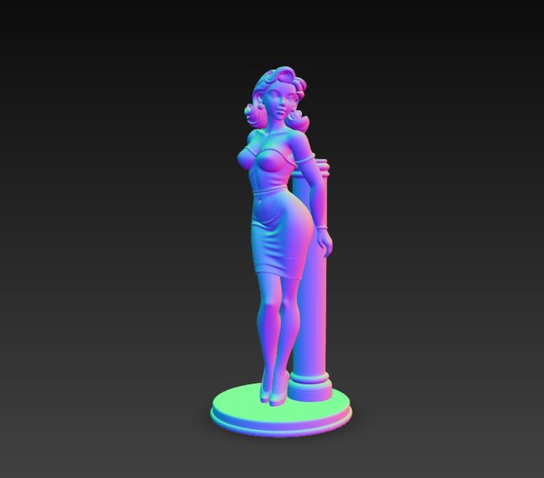 May include: A 3D-printed statue of a woman in a form-fitting dress, leaning against a column. The statue is rendered in shades of purple, pink, and blue, with a round base. The figure has a classic pin-up style.