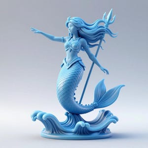 May include: A light blue mermaid statue with flowing hair and a trident. The mermaid is posed on a wave base, with one arm outstretched. The statue is a solid color and appears to be made of a single material.