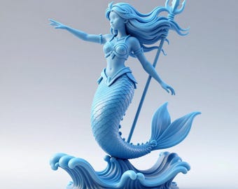 Può includere: Una statua di sirena azzurra con capelli fluenti e un tridente. La sirena è posata su una base di onde, con un braccio teso. La statua è di un colore solido e sembra essere fatta di un unico materiale.