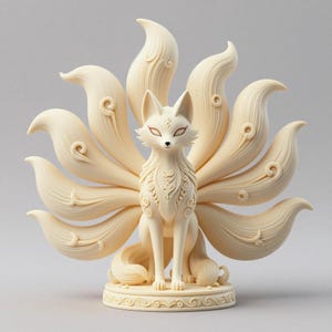 May include: A cream-colored figurine of a nine-tailed fox, a mythical creature. The fox is seated with its tails fanned out behind it. The fox has red eyes and intricate carvings on its chest and base.