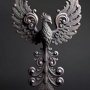 May include: A detailed bronze-colored phoenix sculpture with outstretched wings and a flowing tail. The bird is intricately designed with ornate, swirling patterns and feather details, set against a dark gray background.