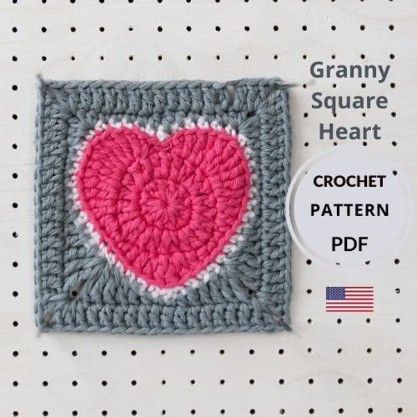 Crochet Granny Square Heart PATTERN, Motif Pink Heart tutorial, Idea for bag & blanket, Instant digital download PDF ENGLISH pattern