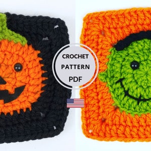 Bundle of crochet PATTERNS Granny Square, granny square PDF pattern, Pumpkin & Frankenstein, ENGLISH instant digital download tutorial