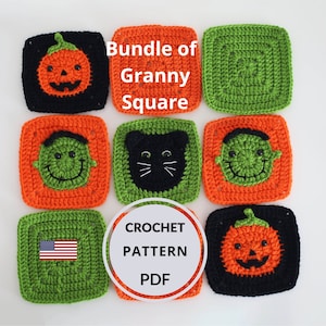 Halloween Granny Square Crochet PATTERNS: Pumpkin, Cat, Frankenstein (PDF Pattern)