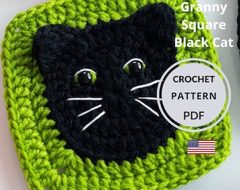 Crochet Granny Square Halloween PATTERN, Motif Black Cat tutorial, Idea for bag & blanket, Instant digital download PDF ENGLISH pattern