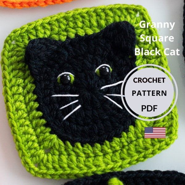 Crochet Granny Square Halloween PATTERN, Motif Black Cat tutorial, Idea for bag & blanket, Instant digital download PDF ENGLISH pattern