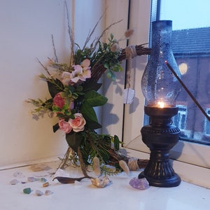 Rose Quartz &quot;Pink Meadow&quot; Cresent Moon Wreath