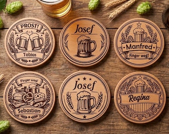Personalisierte Holz-Bierdeckel mit Lasergravur – Individuelle Unikate mit verschiedenen Motiven als Geschenkidee