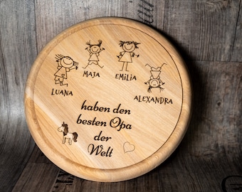 Personalisierbares rundes Holz-Brotzeitbrett mit Gravur – Frühstücksbrett für Enkelkinder, Geschenk zum Geburtstag, Vatertag und mehr