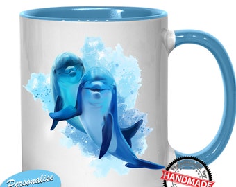 Dolphins Watercolour - 11oz Mug Unique Gift - Various Colour Mugs - Personalised Gift - 2 Blue Dolphin Tea Coffee Mug / Coaster Present