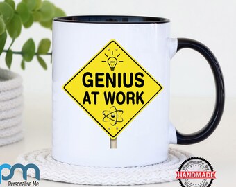 Genius At Work 11oz Mug Handmade Unique Fun Gift Idea Choice of Colours  Personalised Gift Coaster Set Available