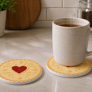 May include: Two round drink coasters designed to look like shortbread cookies with scalloped edges and embossed swirl patterns. Each coaster features a central heart-shaped cutout filled with a textured, bright red jam-like appearance.