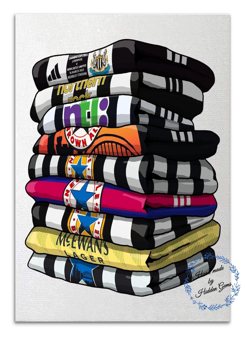 May include: A stack of folded sports team scarves, featuring black and white stripes, and various team logos and text. The scarves are in different colors, including black, white, orange, blue, and yellow. The text includes "Newcastle United" and "MCEWAN'S LAGER".