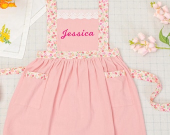 Personalized Floral Apron for Little Girls, Embroidered Name Cotton Baking Apron, Kids Chef  Pinafore