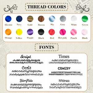 Peut inclure: Un tableau pr&eacute;sentant les couleurs de fil et les styles de police. Les couleurs de fil comprennent le bleu &eacute;lectrique, le marine, l'or, le marron, le bleu ciel, le gris, le blanc, le vert, l'orange, le jaune, le violet, le noir, le rouge, le rose vif, le punch et le blush. Les polices incluent Script, Curlz, Fairy Tale, Times, Comedy et RMGrass.