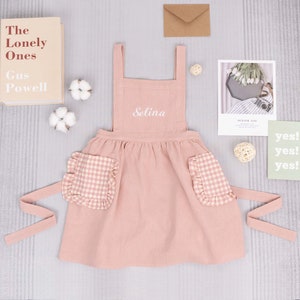 Personalized Kid’s Apron With  Embroidery Name, Kids Apron, Cross Back With Plaid Pockets, Kid&#39;s Cooking Pinafore, Christmas Gifts for Kids