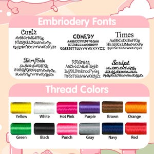 Peut inclure: Graphique rose pr&eacute;sentant des polices de broderie et des couleurs de fil. Les polices incluent Curlz, Comedy, Times, Fairy Tale, RMGrass et Script. Les couleurs de fil sont jaune, blanc, rose vif, violet, marron, orange, vert, noir, punch, gris, marine et rouge.