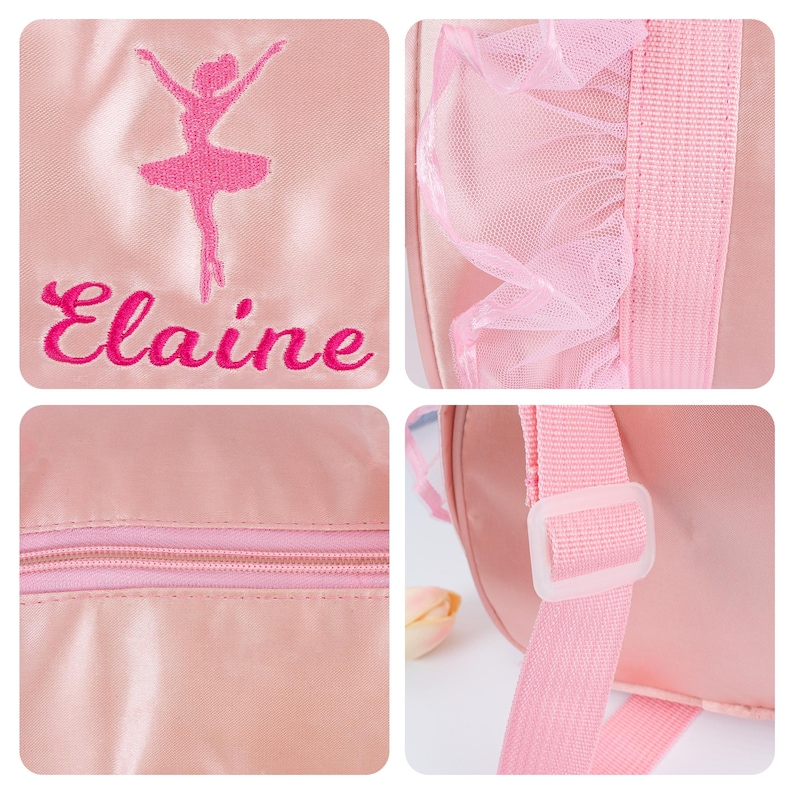 May include: Pink satin dance bag with a ballerina and the name Elaine embroidered on the front. The bag has a zipper closure and a pink adjustable strap.