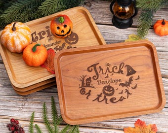 Handmade Cherry Wood Halloween Candy Tray: Engraved Serving Dish