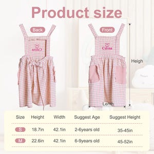 May include: Pink and white checkered apron with adjustable straps, two pockets, and a butterfly embroidery. Size chart shows measurements in inches for height, width, and suggested age.