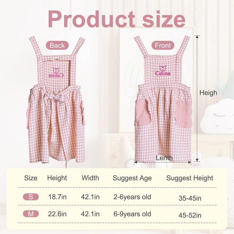 May include: Pink and white checkered apron with adjustable straps, two pockets, and a butterfly embroidery. Size chart shows measurements in inches for height, width, and suggested age.